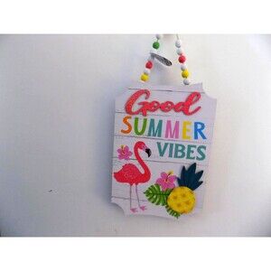 NEW Flamingo Wall Art Good Summer Vibes Decor Florida Tropical Wood Beads